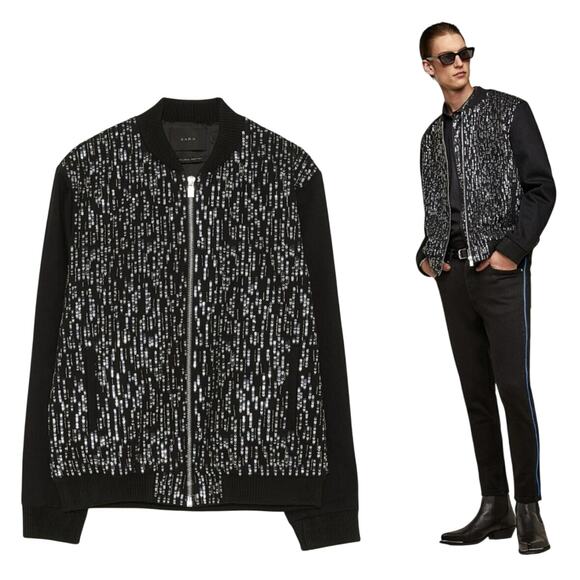 Zara Sequin Bomber Jacket Full Zip Black Denim - Picture 1 of 16